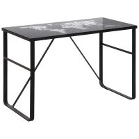 HOMCOM Computer Desk with World Map Printing Tempered Glass Top, Writing Desk for Home Office with Metal Frame, Black(m-1)