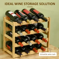 HOMCOM Dulap cu suport pentru vinuri cu 16 sticle, organizator de sticle, raft de afisare pentru blat, bar acasa, natural(m-5)