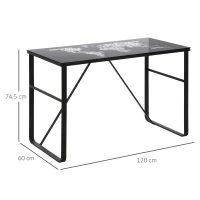 HOMCOM Computer Desk with World Map Printing Tempered Glass Top, Writing Desk for Home Office with Metal Frame, Black(m-3)