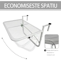 Outsunny Masă suspendată pentru balustradă, reglare pe 3 niveluri, dreptunghiulară, din metal, 60x40x40/45/50cm alb(m-5)