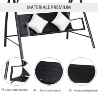 Outsunny Balansoar 3 Locuri din Ratan si Fier cu Perne si Paravan pentru soare, Negru(m-4)