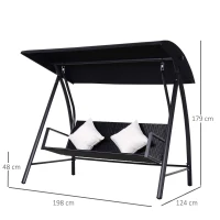 Outsunny Balansoar 3 Locuri din Ratan si Fier cu Perne si Paravan pentru soare, Negru(m-3)