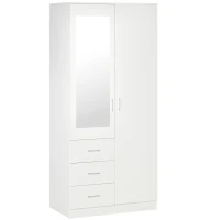 HOMCOM 2-Door Wardrobe w/ Adjustable Shelf 3 Drawers Mirror Home Storage, 180cm, White(m-1)