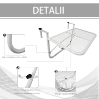 Outsunny Masă suspendată pentru balustradă, reglare pe 3 niveluri, dreptunghiulară, din metal, 60x40x40/45/50cm alb(m-6)