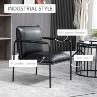 HOMCOM Scaun industrial cu perna, fotoliu din piele artificiala pentru dormitor, scaun de living cu brate infasurate si picioare din otel, negru(m-5)