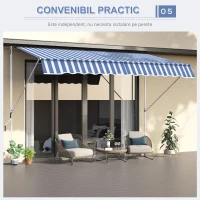 Outsunny Copertina de Soare cu Brate si Manivela, Structura Telescopica din Metal si Parasolar din Poliester 300x150cm Albastru si Alb(m-9)