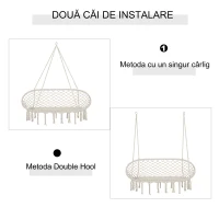 Outsunny Hamac Balansoar pentru Gradina si Casa cu 2 Locuri din Macramé Alb Crem, Fără Pernă(m-7)