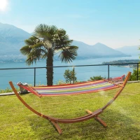 Outsunny Hamac in Tesatura in Dungi Colorat cu Suport in Lemn, 3.15x1x1.1m(m-2)