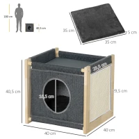 PawHut Cama Cueva para Gatos de Interior con Cojín Extraíble Rascador de Sisal y Marco de Madera 40x40x40,5 cm Gris(m-3)