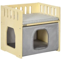PawHut Cama para Gatos de Madera con Cueva para Gatos 2 Cojines y Cubierta de Tela Oxford Extraíble 48x38x47 cm Natural(m-1)
