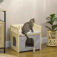 PawHut Cama para Gatos de Madera con Cueva para Gatos 2 Cojines y Cubierta de Tela Oxford Extraíble 48x38x47 cm Natural(m-2)