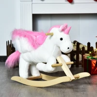 HOMCOM hobbeldier hobbelpaard kinderen schommel magisch eenhoorn design met muziek voor kinderen voor 18-36 maanden baby pluche hout staal roze + wit 65 x 32 x 55 cm(m-10)