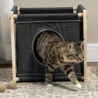 PawHut Cama Cueva para Gatos de Interior con Cojín Extraíble Rascador de Sisal y Marco de Madera 40x40x40,5 cm Gris(m-7)