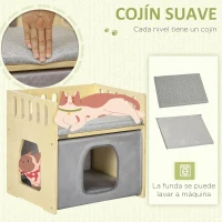 PawHut Cama para Gatos de Madera con Cueva para Gatos 2 Cojines y Cubierta de Tela Oxford Extraíble 48x38x47 cm Natural(m-4)