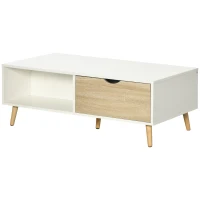 HOMCOM Masa de cafea moderna cu rafturi de depozitare deschise, doua sertare si picioare din lemn masiv, alb(m-11)