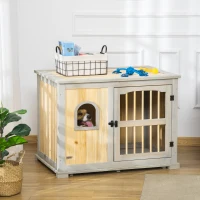 PawHut Wooden Dog Crate, Furniture Style Dog Kennel End Table w/ Lockable Door, Window, for Small, Medium Dogs, Grey and Natural(m-2)