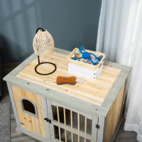 PawHut Wooden Dog Crate, Furniture Style Dog Kennel End Table w/ Lockable Door, Window, for Small, Medium Dogs, Grey and Natural(m-10)