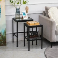 HOMCOM Set 2 Tavolini da Salotto Moderni in Acciaio e Vetro per Soggiorno e Ingresso, 40.5x35.5x61 cm e 33x33x54.5 cm(m-8)