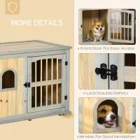 PawHut Wooden Dog Crate, Furniture Style Dog Kennel End Table w/ Lockable Door, Window, for Small, Medium Dogs, Grey and Natural(m-5)