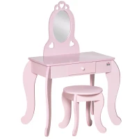 HOMCOM Tavolo Trucco per Bambini con Sgabello in Legno, Toeletta con Specchio e Cassetto, 60x36x88cm, Rosa(m-1)