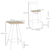 HOMCOM Bar Table and Stools Breakfast Dining Table and Chairs Set of 2 with Steel Frame and Footrest for Bar and Kitchen White(m-3)