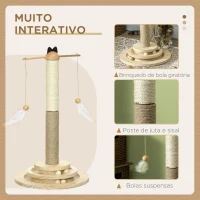 PawHut Árvore Arranhador para Gatos de Madeira Centro de Atividades com Poste de Juta e Sisal Bolas para Brincar Ø32x56 cm Madeira(m-6)
