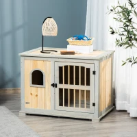 PawHut Wooden Dog Crate, Furniture Style Dog Kennel End Table w/ Lockable Door, Window, for Small, Medium Dogs, Grey and Natural(m-11)
