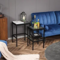 HOMCOM Set 2 Tavolini da Salotto Moderni in Acciaio e Vetro per Soggiorno e Ingresso, 40.5x35.5x61 cm e 33x33x54.5 cm(m-2)