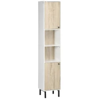 kleankin Coluna Casa de Banho Armário Alto Auxiliar de Casa de Banho com 2 Portas e 6 Prateleiras 31,5x30x169 cm Branco e Carvalho(m-1)