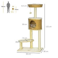 PawHut Arbre à chat griffoir pour chat poteaux sisal avec niche panier et balle suspendue hauteur 115 cm beige(m-3)