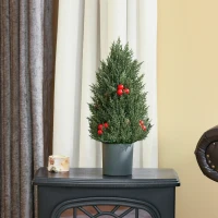 HOMCOM kerstboom 50 cm kerstboom cypress kerstboom met 7 rode bessen en 6 dennenappels kunstspar 170 takken voor tafel en bureau PVC PE groen Ø27 x 47 cm(m-10)
