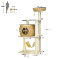 PawHut Arbre à chats sisal naturel grande niche plateforme jeu boule hamac peluche résine aspect rotin 60 x 49 x 130 cm beige(m-3)