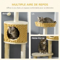 PawHut Arbre à chat griffoir pour chat poteaux sisal avec niche panier et balle suspendue hauteur 115 cm beige(m-4)