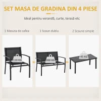 Outsunny Set de Gradina 4 bucati cu Masuta de cafea, 2 Scaune si o Panca in Metal, Negru(m-4)