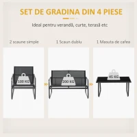 Outsunny Set Masă Bancă si 2 Scaune de Gradina din Metal si Textilen Neagra(m-4)