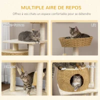 PawHut Arbre à chats sisal naturel grande niche plateforme jeu boule hamac peluche résine aspect rotin 60 x 49 x 130 cm beige(m-4)
