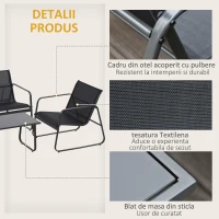 Outsunny Set Masă Bancă si 2 Scaune de Gradina din Metal si Textilen Neagra(m-5)