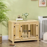 PawHut Wooden Dog Crate Furniture, with Bowl, Storage, Cushion, for Small Dogs - Natural Finish(m-2)