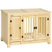 PawHut Wooden Dog Crate Furniture, with Bowl, Storage, Cushion, for Small Dogs - Natural Finish(m-1)