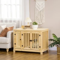 PawHut Wooden Dog Crate Furniture, with Bowl, Storage, Cushion, for Small Dogs - Natural Finish(m-10)