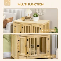 PawHut Wooden Dog Crate Furniture, with Bowl, Storage, Cushion, for Small Dogs - Natural Finish(m-5)