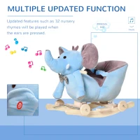 HOMCOM 2 In 1 Plush Baby Ride on Rocking Horse Elephant Rocker with Wheels Wooden Toy for Kids 32 Songs for 18+ Months (Blue)(m-4)