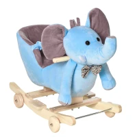 HOMCOM 2 In 1 Plush Baby Ride on Rocking Horse Elephant Rocker with Wheels Wooden Toy for Kids 32 Songs for 18+ Months (Blue)(m-1)