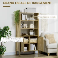 HOMCOM Bibliothèque style naturel 3 étagères placard 2 portes aspect bois et cannage 80 x 37 x 163 cm bois naturel(m-4)