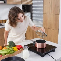 HOMCOM Pojedyncza płyta elektryczna z 8-stopniową regulacją mocy i temperatury, 4-godzinnym timerem, zabezpieczeniem przed dziećmi, czujnikiem, dotykowym wyświetlaczem LED, czarna, 38 x 31 x 6,3 cm(m-2)