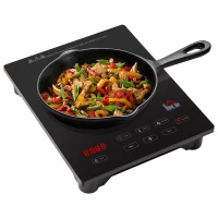 HOMCOM Pojedyncza płyta elektryczna z 8-stopniową regulacją mocy i temperatury, 4-godzinnym timerem, zabezpieczeniem przed dziećmi, czujnikiem, dotykowym wyświetlaczem LED, czarna, 38 x 31 x 6,3 cm(m-11)