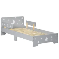 ZONEKIZ Pat pentru copii 3-6 ani cu stele si luna din MDF si PAL, 143x76x49 cm, culoare gri si lemn(m-12)