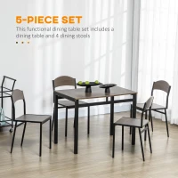 HOMCOM Set de sufragerie 5 piese cu 1 masa dreptunghiulara 100x63x76,5 cm si 4 scaune 45x40x82 cm, otel si MDF, maro negru(m-4)