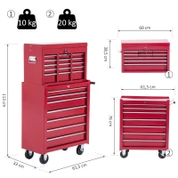 HOMCOM® mobiele werkplaatswagen, afsluitbaar met 16 schuifladen, rood / schuiflade gereedschapwagen wagen met wielen  gereedschapskist (rood)(m-3)