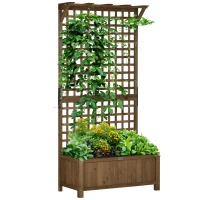 Outsunny Raised Bed with Drainage Holes, Wood Planter with Trellis for Climbing Plants to Grow Vegetables, Flowers, Brown(m-1)